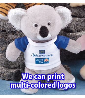 Order a teddy bear with a custom printed multi-colored logo on the t-shirt.