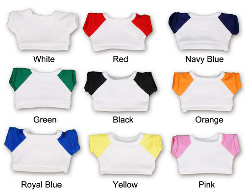 Solid white t-shirts and white t-shirts with colored sleeves. Print a multi-colored logo onto a white background.